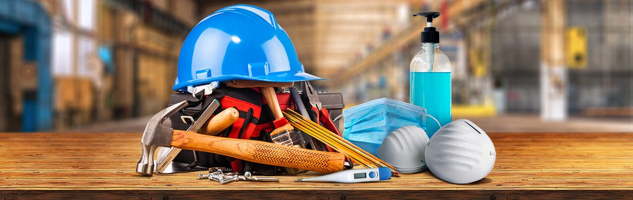 blue tradie hard hat with tools and surgical masks