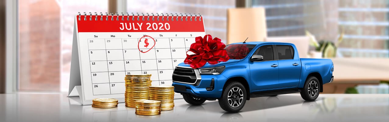 blue ute with a red ribbon with calendar and coins stack background